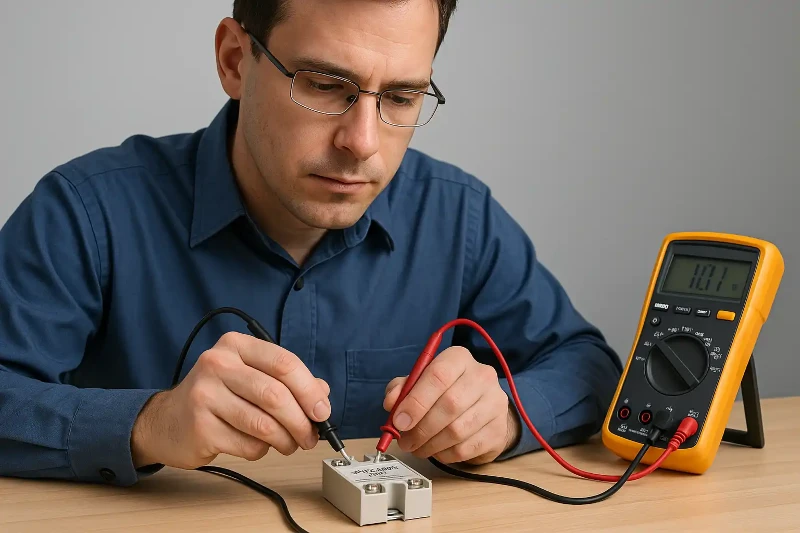 An engineer is testing solid-state relays An engineer is testing solid-state relays