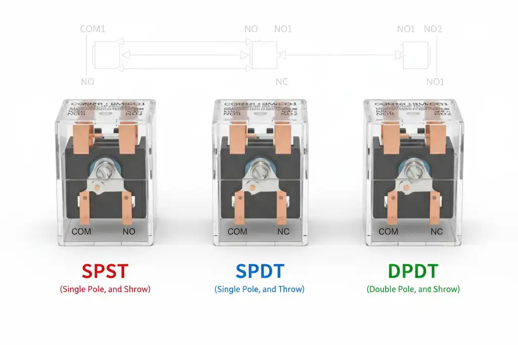 What do the contact forms SPST, SPDT, and DPDT of relays mean?